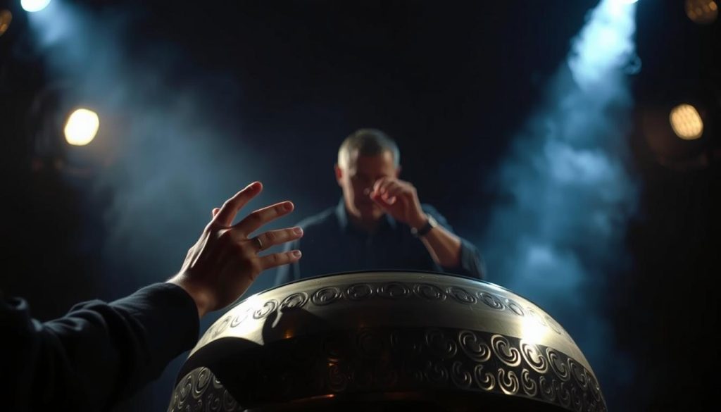 A handpan player performing various special effects, set against a dimly lit stage with dramatic lighting. The foreground captures the intricate hand movements and techniques used to create ethereal, resonant tones and textures. The middle ground showcases the handpan's unique design, with its distinctive concave shape and mesmerizing pattern of indentations. The background is hazy and atmospheric, evoking a sense of mystery and the artistry of the performance. The overall mood is one of captivating, otherworldly musicality, showcasing the rich sonic possibilities of this innovative percussion instrument. A handpan player performing various special effects, set against a dimly lit stage with dramatic lighting. The foreground captures the intricate hand movements and techniques used to create ethereal, resonant tones and textures. The middle ground showcases the handpan's unique design, with its distinctive concave shape and mesmerizing pattern of indentations. The background is hazy and atmospheric, evoking a sense of mystery and the artistry of the performance. The overall mood is one of captivating, otherworldly musicality, showcasing the rich sonic possibilities of this innovative percussion instrument.
