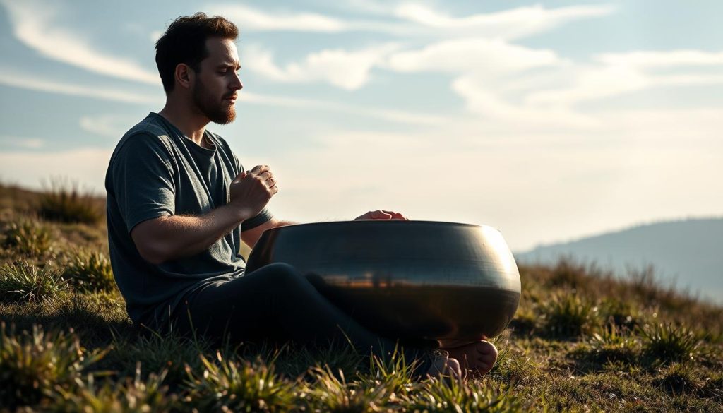 A handpan player sits cross-legged on a grassy hill, lost in a meditative state as they gently coax out a soothing melody. The handpan's distinctive concave shape gleams under soft, natural lighting, its metallic hues complementing the earthy tones of the surrounding landscape. In the background, wispy clouds drift across a serene sky, adding to the tranquil atmosphere. The player's focused expression and the instrument's hypnotic resonance convey a sense of deep concentration and inner exploration, capturing the essence of "Développer son oreille musicale" - the pursuit of musical awareness through the evocative and immersive experience of playing the handpan. A handpan player sits cross-legged on a grassy hill, lost in a meditative state as they gently coax out a soothing melody. The handpan's distinctive concave shape gleams under soft, natural lighting, its metallic hues complementing the earthy tones of the surrounding landscape. In the background, wispy clouds drift across a serene sky, adding to the tranquil atmosphere. The player's focused expression and the instrument's hypnotic resonance convey a sense of deep concentration and inner exploration, capturing the essence of "Développer son oreille musicale" - the pursuit of musical awareness through the evocative and immersive experience of playing the handpan.