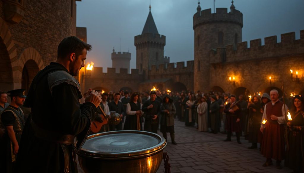 A medieval court festival unfolds in a dimly lit castle courtyard. In the foreground, a skilled performer captivates the crowd with the mesmerizing tones of a handpan, its metallic resonance echoing through the ancient stone walls. Garbed in period-accurate costumes, other musicians and entertainers populate the middle ground, creating a lively, immersive atmosphere. In the background, the imposing silhouettes of medieval towers and ramparts loom, setting the stage for this cultural and musical spectacle. Warm, flickering torchlight casts a soft, golden glow over the scene, evoking the mystique and timelessness of the castle's medieval heritage. A medieval court festival unfolds in a dimly lit castle courtyard. In the foreground, a skilled performer captivates the crowd with the mesmerizing tones of a handpan, its metallic resonance echoing through the ancient stone walls. Garbed in period-accurate costumes, other musicians and entertainers populate the middle ground, creating a lively, immersive atmosphere. In the background, the imposing silhouettes of medieval towers and ramparts loom, setting the stage for this cultural and musical spectacle. Warm, flickering torchlight casts a soft, golden glow over the scene, evoking the mystique and timelessness of the castle's medieval heritage.