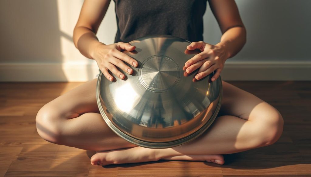 A musician sits cross-legged on a wooden floor, holding a handpan in their hands. The handpan is positioned slightly tilted towards the body, with the player's fingers resting gently on the steel surface. The lighting is soft and natural, creating warm highlights on the instrument's metallic curves. The background is simple and uncluttered, allowing the focus to remain on the player's posture and the delicate handling of the handpan. The scene conveys a sense of focus, mindfulness, and the intimate connection between the musician and their instrument. A musician sits cross-legged on a wooden floor, holding a handpan in their hands. The handpan is positioned slightly tilted towards the body, with the player's fingers resting gently on the steel surface. The lighting is soft and natural, creating warm highlights on the instrument's metallic curves. The background is simple and uncluttered, allowing the focus to remain on the player's posture and the delicate handling of the handpan. The scene conveys a sense of focus, mindfulness, and the intimate connection between the musician and their instrument.
