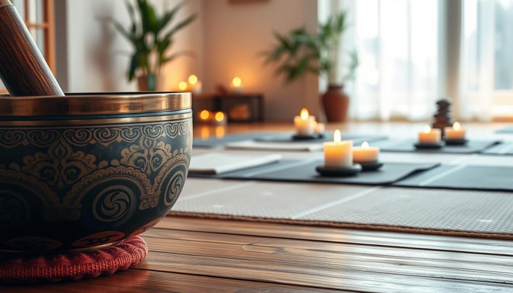 A serene, Zen-inspired setting to convey the concept of "vibrations". In the foreground, focus on a Tibetan singing bowl, intricately detailed with vivid patterns and textures, gently resonating with soft, shimmering waves symbolizing auditory vibrations. In the middle ground, place soft mats arranged for meditation, accompanied by flickering candles, casting a warm, inviting glow. The background features a tranquil, softly blurred room adorned with natural elements like bamboo plants and calming stones. Utilize natural light streaming in from a window, creating a warm and peaceful atmosphere. Capture the scene from a slightly elevated angle to emphasize the harmony between the objects and the ambiance, evoking a sense of calm and mindfulness that enhances the practice's safety at home.