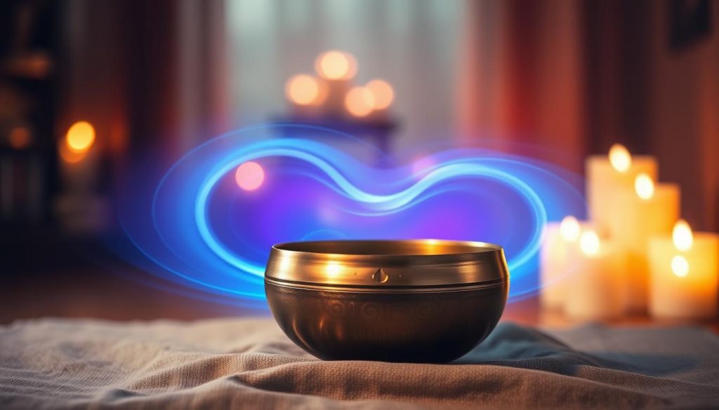 A serene and captivating representation of "vibrations" emanating from a Tibetan singing bowl. In the foreground, a beautifully crafted bronze bowl rests on a textured cloth, surrounded by soft, rippling waves of color illustrating the sound waves it produces. In the middle, vibrant hues of blues and purples dance, creating a sense of movement and harmony, symbolizing the calming effects of the sound vibrations. The background features a softly blurred, tranquil setting, perhaps a dimly lit room filled with warm candlelight, emphasizing a meditative atmosphere. Use a soft focus lens effect to enhance the mood, and consider warm, ambient lighting to evoke feelings of peace and serenity, inviting the viewer to experience the essence of Tibetan bowl therapy.