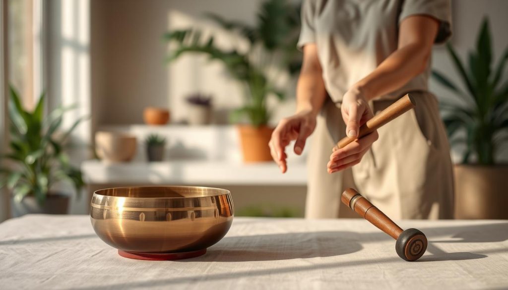A serene and informative scene focusing on the concept of Tibetan singing bowls and their contraindications for vulnerable individuals. In the foreground, a gentle, neutral-toned table displays a beautifully crafted Tibetan bowl, along with a mallet, both reflecting soft natural light. In the middle ground, a pair of hands, gently dressed in modest casual clothing, touch the bowl, preparing to play it, symbolizing mindfulness and caution. In the background, a soothing, blurred interior space filled with soft colors, plants, and ambient lighting enhances a calm atmosphere. The overall mood is peaceful and contemplative, emphasizing awareness and caution surrounding the use of Tibetan bowls in sensitive situations. A serene and informative scene focusing on the concept of Tibetan singing bowls and their contraindications for vulnerable individuals. In the foreground, a gentle, neutral-toned table displays a beautifully crafted Tibetan bowl, along with a mallet, both reflecting soft natural light. In the middle ground, a pair of hands, gently dressed in modest casual clothing, touch the bowl, preparing to play it, symbolizing mindfulness and caution. In the background, a soothing, blurred interior space filled with soft colors, plants, and ambient lighting enhances a calm atmosphere. The overall mood is peaceful and contemplative, emphasizing awareness and caution surrounding the use of Tibetan bowls in sensitive situations.