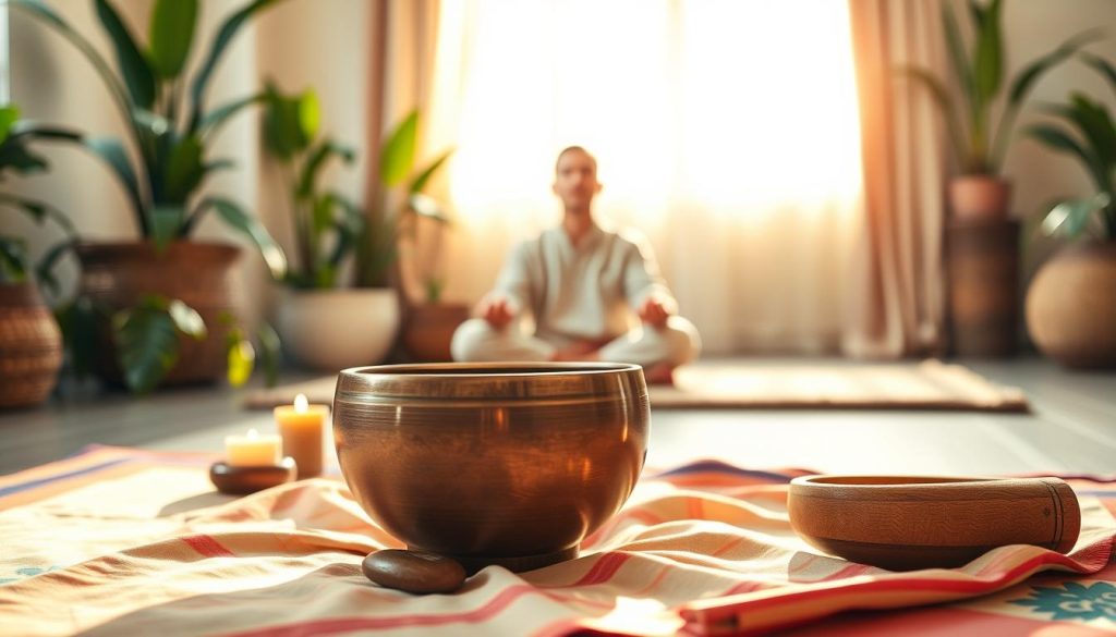A serene and tranquil scene depicting a relaxation ritual focused on Tibetan singing bowls. In the foreground, a beautifully crafted wooden singing bowl sits atop a soft, colorful silk cloth, with gentle light reflecting off its polished surface. Surrounding the bowl are a few smooth stones and a softly flickering candle, casting warm, calming shadows. In the middle ground, a peaceful individual in modest, casual clothing sits cross-legged on a plush mat, their eyes closed, bathed in soft golden light, seemingly absorbed in meditation. The background features a softly blurred indoor space, adorned with lush plants and soft textiles, creating a harmonious and inviting atmosphere. Natural light filters in gently through a window, enhancing the tranquil mood of relaxation and mindfulness. A serene and tranquil scene depicting a relaxation ritual focused on Tibetan singing bowls. In the foreground, a beautifully crafted wooden singing bowl sits atop a soft, colorful silk cloth, with gentle light reflecting off its polished surface. Surrounding the bowl are a few smooth stones and a softly flickering candle, casting warm, calming shadows. In the middle ground, a peaceful individual in modest, casual clothing sits cross-legged on a plush mat, their eyes closed, bathed in soft golden light, seemingly absorbed in meditation. The background features a softly blurred indoor space, adorned with lush plants and soft textiles, creating a harmonious and inviting atmosphere. Natural light filters in gently through a window, enhancing the tranquil mood of relaxation and mindfulness.