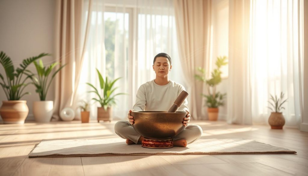 A serene and tranquil scene illustrating sensory relaxation in a Tibetan bowl therapy setting. In the foreground, a calm individual in modest, casual clothing sits cross-legged on a soft mat, gently closing their eyes while soothing vibrations emanate from a beautifully crafted Tibetan singing bowl in their lap. In the middle ground, a softly lit room filled with natural elements, such as potted plants and flowing curtains, enhances the peaceful atmosphere. Gentle sunlight filters through the window, casting a warm glow that illuminates the space, creating an inviting ambiance. In the background, soothing abstract shapes representing sound waves and sensory harmony blend seamlessly, evoking a sense of calm and balance. The mood is tranquil and meditative, perfect for illustrating relaxation techniques. A serene and tranquil scene illustrating sensory relaxation in a Tibetan bowl therapy setting. In the foreground, a calm individual in modest, casual clothing sits cross-legged on a soft mat, gently closing their eyes while soothing vibrations emanate from a beautifully crafted Tibetan singing bowl in their lap. In the middle ground, a softly lit room filled with natural elements, such as potted plants and flowing curtains, enhances the peaceful atmosphere. Gentle sunlight filters through the window, casting a warm glow that illuminates the space, creating an inviting ambiance. In the background, soothing abstract shapes representing sound waves and sensory harmony blend seamlessly, evoking a sense of calm and balance. The mood is tranquil and meditative, perfect for illustrating relaxation techniques.