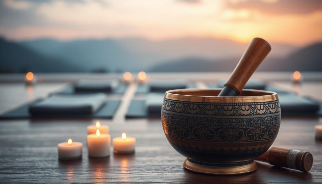 A serene and tranquil setting featuring a beautifully crafted Tibetan singing bowl, placed prominently in the foreground. The bowl is intricately designed, showcasing detailed engravings that reflect traditional Tibetan art. Surrounding the bowl are soft, glowing candles and delicate incense, creating a soothing atmosphere. In the middle ground, blurred images of a peaceful meditation space with mats and cushions invite relaxation. The background is filled with a gentle, ethereal landscape of soft mountains and a pastel sky at dawn, with hints of rising sunbeams illuminating the scene. Soft, warm lighting bathes the entire image, emphasizing peace and mindfulness. The overall mood is calming, evoking a sense of safety and serenity. A serene and tranquil setting featuring a beautifully crafted Tibetan singing bowl, placed prominently in the foreground. The bowl is intricately designed, showcasing detailed engravings that reflect traditional Tibetan art. Surrounding the bowl are soft, glowing candles and delicate incense, creating a soothing atmosphere. In the middle ground, blurred images of a peaceful meditation space with mats and cushions invite relaxation. The background is filled with a gentle, ethereal landscape of soft mountains and a pastel sky at dawn, with hints of rising sunbeams illuminating the scene. Soft, warm lighting bathes the entire image, emphasizing peace and mindfulness. The overall mood is calming, evoking a sense of safety and serenity.