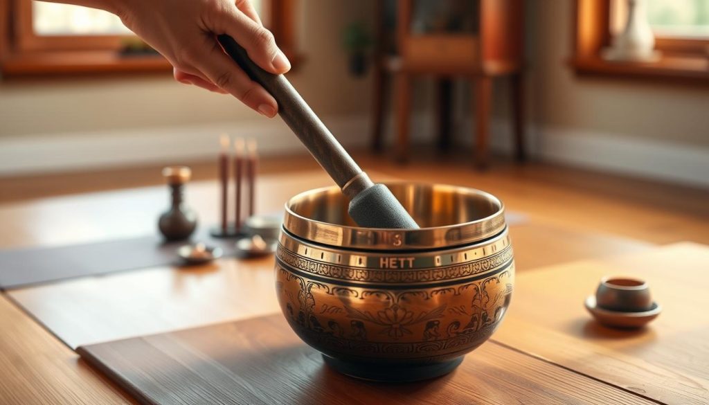 A serene indoor setting featuring a Tibetan singing bowl (bol tibétain) placed on a wooden meditation table. The bowl is beautifully crafted, with intricate designs and a polished finish, reflecting soft natural light from a nearby window. In the foreground, a pair of hands gently holds a mallet, poised just above the bowl, emphasizing the active use of the bowl in meditation. In the middle ground, a subtle array of calming elements like a small plant and incense sticks create an atmosphere of tranquility. The background is softly blurred, showing a peaceful room with warm tones. The overall mood conveys mindfulness and responsibility in practice, fostering a sense of safety and serenity. A serene indoor setting featuring a Tibetan singing bowl (bol tibétain) placed on a wooden meditation table. The bowl is beautifully crafted, with intricate designs and a polished finish, reflecting soft natural light from a nearby window. In the foreground, a pair of hands gently holds a mallet, poised just above the bowl, emphasizing the active use of the bowl in meditation. In the middle ground, a subtle array of calming elements like a small plant and incense sticks create an atmosphere of tranquility. The background is softly blurred, showing a peaceful room with warm tones. The overall mood conveys mindfulness and responsibility in practice, fostering a sense of safety and serenity.