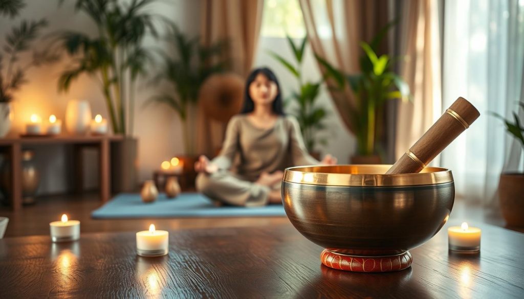 A serene scene capturing the essence of relaxation influenced by Tibetan singing bowls. In the foreground, a polished wooden table holds a beautifully crafted Tibetan singing bowl, gently reflecting soft light. Freshly lit candles surround the bowl, casting a warm, inviting glow. In the middle, a peaceful meditation space features a person seated in a comfortable, modest yoga outfit, eyes closed, exuding tranquility as sound vibrations ripple through the air. The background displays a softly lit room adorned with natural elements like bamboo plants and flowing drapes, allowing dappled sunlight to filter in. The overall atmosphere is calm and harmonious, promoting a sense of well-being and mindfulness, evoking the soothing effects of sound therapy on relaxation. A serene scene capturing the essence of relaxation influenced by Tibetan singing bowls. In the foreground, a polished wooden table holds a beautifully crafted Tibetan singing bowl, gently reflecting soft light. Freshly lit candles surround the bowl, casting a warm, inviting glow. In the middle, a peaceful meditation space features a person seated in a comfortable, modest yoga outfit, eyes closed, exuding tranquility as sound vibrations ripple through the air. The background displays a softly lit room adorned with natural elements like bamboo plants and flowing drapes, allowing dappled sunlight to filter in. The overall atmosphere is calm and harmonious, promoting a sense of well-being and mindfulness, evoking the soothing effects of sound therapy on relaxation.