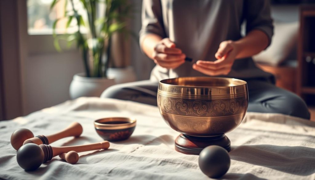 A serene setting featuring a beautifully crafted Tibetan singing bowl in the foreground, positioned on a soft, natural fabric. The bowl is reflecting light, emphasizing its intricate engravings. Surrounding the bowl, an assortment of mallets in varying materials—wood, leather, and rubber—are neatly arranged. In the middle ground, a pair of hands, depicted in modest casual clothing, gently hold the bowl, demonstrating a technique to make it sing. Soft, diffuse natural light filters through a nearby window, creating a warm ambiance that enhances the mood of relaxation and mindfulness. In the background, a subtle blur of a tranquil room with bamboo plants and minimalistic decor reinforces the theme of peace and harmony, inviting viewers to explore the calming effects of sound. A serene setting featuring a beautifully crafted Tibetan singing bowl in the foreground, positioned on a soft, natural fabric. The bowl is reflecting light, emphasizing its intricate engravings. Surrounding the bowl, an assortment of mallets in varying materials—wood, leather, and rubber—are neatly arranged. In the middle ground, a pair of hands, depicted in modest casual clothing, gently hold the bowl, demonstrating a technique to make it sing. Soft, diffuse natural light filters through a nearby window, creating a warm ambiance that enhances the mood of relaxation and mindfulness. In the background, a subtle blur of a tranquil room with bamboo plants and minimalistic decor reinforces the theme of peace and harmony, inviting viewers to explore the calming effects of sound.