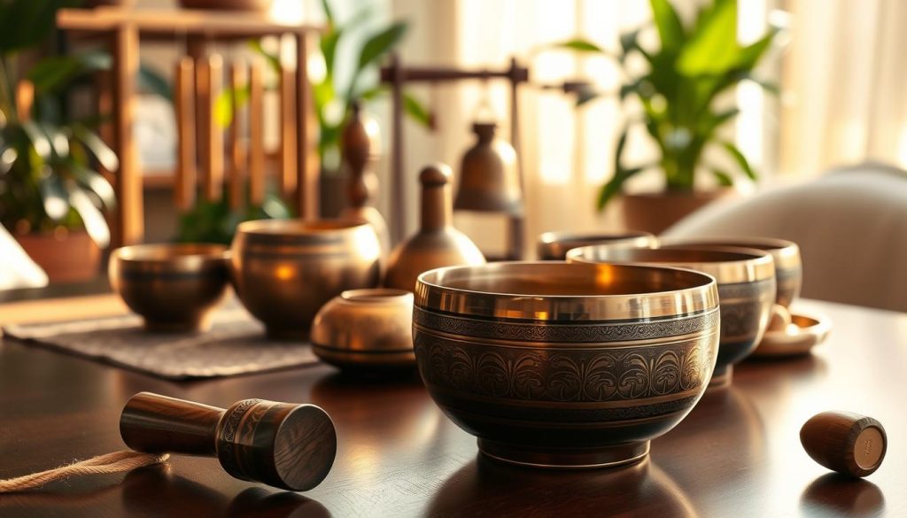 A serene table softly lit by warm sunlight, showcasing an array of Tibetan singing bowls of different sizes, each beautifully crafted with intricate engravings. In the foreground, a polished wooden mallet rests beside the largest bowl, hinting at its use in relaxation. The middle ground features various instruments like a set of chimes and a Tibetan bell, emphasizing the choice available for sound healing. In the background, a peaceful indoor setting with plants and soft textiles creates a calming atmosphere. The lighting highlights the metallic sheen of the bowls, casting gentle reflections and shadows. The mood is tranquil and inviting, perfect for a space dedicated to relaxation and meditation. A serene table softly lit by warm sunlight, showcasing an array of Tibetan singing bowls of different sizes, each beautifully crafted with intricate engravings. In the foreground, a polished wooden mallet rests beside the largest bowl, hinting at its use in relaxation. The middle ground features various instruments like a set of chimes and a Tibetan bell, emphasizing the choice available for sound healing. In the background, a peaceful indoor setting with plants and soft textiles creates a calming atmosphere. The lighting highlights the metallic sheen of the bowls, casting gentle reflections and shadows. The mood is tranquil and inviting, perfect for a space dedicated to relaxation and meditation.