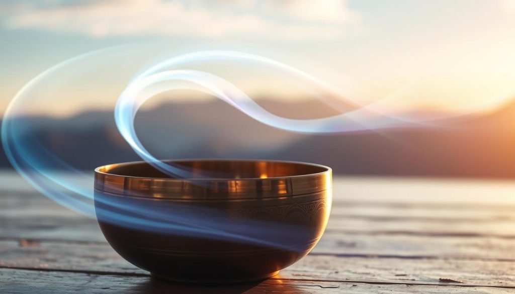 A surreal representation of "vibrations," depicting a soft, undulating wave of light and color emanating from a Tibetan singing bowl in the foreground. The bowl, slightly tilted, reveals subtle reflections of rich metals and an intricate, etched surface pattern. Wispy, luminous waves of sound ripple outward, blending into a harmonious palette of blues and purples in the middle ground, symbolizing the profound effects on the mind and body. In the background, a serene, softly blurred landscape of a tranquil mountain range bathed in warm, golden light enhances the atmosphere of peace and introspection. The lighting is ethereal, highlighting the fluidity of the vibrations while maintaining a calming, contemplative mood. Use a wide-angle lens to capture the expansive feel of the scene, conveying depth and fluid movement throughout the composition.