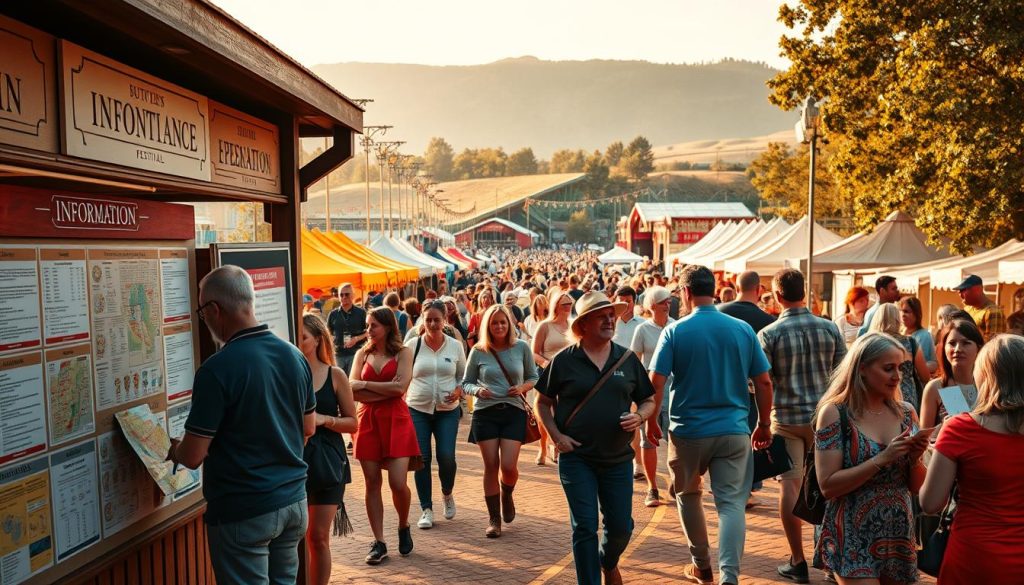 A vibrant and informative festival scene, with a focus on practical details for attendees. In the foreground, a beautifully curated information booth displays maps, schedules, and helpful signage. Attendees meander through the bustling middle ground, chatting animatedly and consulting their programs. In the background, the picturesque festival grounds are bathed in warm, golden light, with colorful tents, stages, and vendor stalls creating a lively, immersive atmosphere. The overall mood is one of excitement, community, and cultural enrichment, inviting the viewer to imagine themselves as part of this engaging festival experience. A vibrant and informative festival scene, with a focus on practical details for attendees. In the foreground, a beautifully curated information booth displays maps, schedules, and helpful signage. Attendees meander through the bustling middle ground, chatting animatedly and consulting their programs. In the background, the picturesque festival grounds are bathed in warm, golden light, with colorful tents, stages, and vendor stalls creating a lively, immersive atmosphere. The overall mood is one of excitement, community, and cultural enrichment, inviting the viewer to imagine themselves as part of this engaging festival experience.