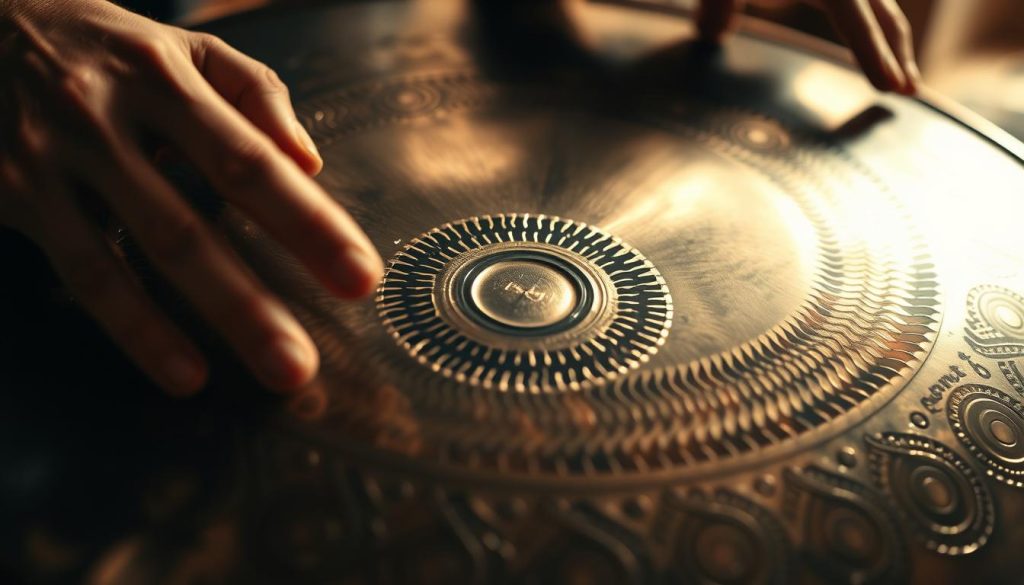 Detailed handpan drumming motifs in a rhythmic, meditative composition. Intricate patterns of metallic tones fill the frame, captured in a warm, evocative lighting. The handpan's hypnotic surfaces shimmer with a depth of textures, inviting the viewer to get lost in the dynamic, percussive interplay. A sense of focus and intention permeates the scene, as the instrument's organic, handcrafted form grounds the visual experience. The composition emphasizes the handpan's unique sonic qualities, conveying the instrument's capacity to facilitate contemplative, immersive musical exploration. Detailed handpan drumming motifs in a rhythmic, meditative composition. Intricate patterns of metallic tones fill the frame, captured in a warm, evocative lighting. The handpan's hypnotic surfaces shimmer with a depth of textures, inviting the viewer to get lost in the dynamic, percussive interplay. A sense of focus and intention permeates the scene, as the instrument's organic, handcrafted form grounds the visual experience. The composition emphasizes the handpan's unique sonic qualities, conveying the instrument's capacity to facilitate contemplative, immersive musical exploration.