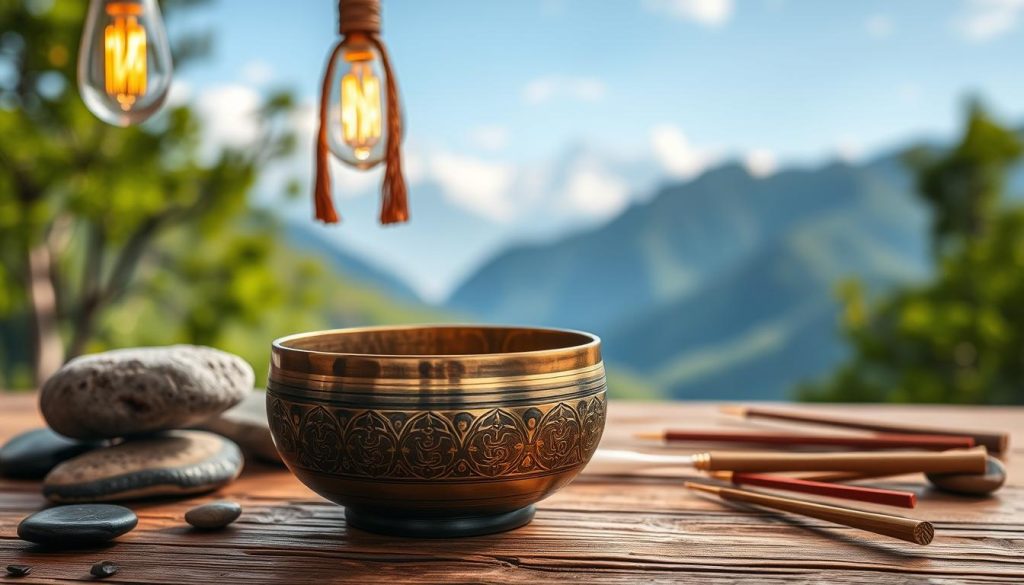 A beautifully arranged scene featuring a traditional Tibetan singing bowl, made from seven metals, elegantly placed on a textured wooden surface. In the foreground, the bowl glistens under soft pendant lighting, showcasing intricate carvings and a subtle patina. Surrounding the bowl are natural elements like smooth river stones and delicate incense sticks, enhancing the calming atmosphere. In the middle background, blurred lush green mountains and a serene blue sky evoke the Himalayas, illustrating the origins of these bowls. The overall mood is tranquil and meditative, inviting viewers to appreciate the craftsmanship and spiritual significance of the singing bowl. Use a slightly overhead angle to emphasize the details, with warm, diffused lighting creating a peaceful ambiance.
