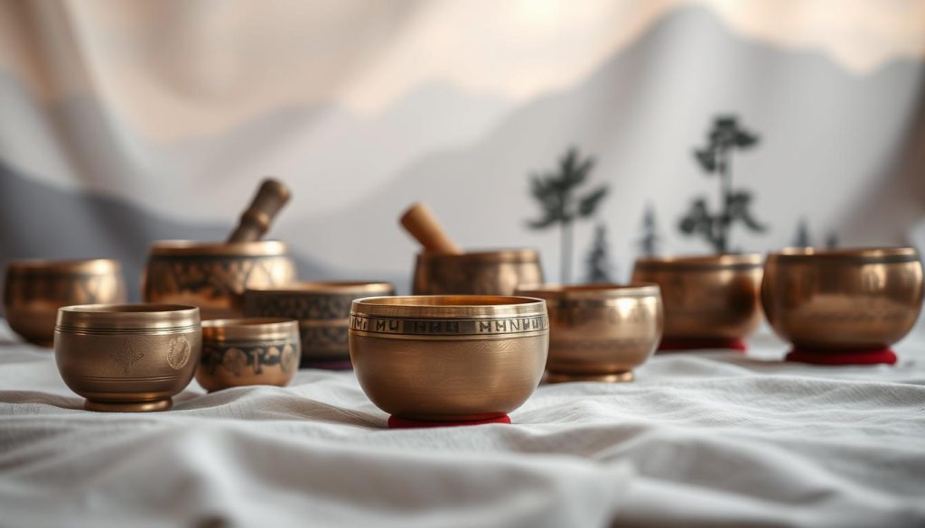 A beautifully arranged tableau of Tibetan singing bowls made from seven metals, placed on a soft, textured fabric background that conveys tranquility. In the foreground, a selection of intricate bowls showcases their unique designs, with detailed engravings that symbolize harmony and spiritual connection. The middle ground features a gently lit scene, with soft ambient light highlighting the metallic surfaces, creating an ethereal glow. In the background, blurred silhouettes of natural elements, such as mountains and trees, evoke a serene, peaceful atmosphere. Capture this composition with a shallow depth of field, focusing sharply on the bowls, while the background remains softly out of focus, enhancing the sense of calm and introspection. The mood should be peaceful and reflective, inviting viewers to contemplate the significance of each bowl.