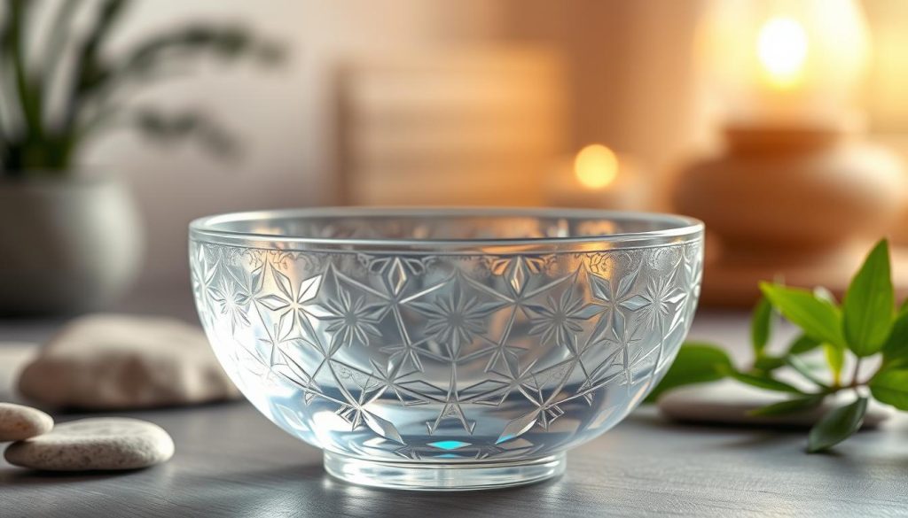A beautifully crafted crystal singing bowl, intricately designed with delicate patterns reflecting light. The bowl is positioned prominently in the foreground, showcasing its transparent shimmer and iridescent colors. Surrounding the bowl are soft, natural elements like smooth stones and lush greenery, suggesting an atmosphere of peace. In the background, a gently blurred soft-focus view of a tranquil meditation room with warm, ambient lighting creates a serene environment. The lighting is soft and ethereal, highlighting the crystal's facets while creating subtle reflections. The scene should evoke a sense of calm and relaxation, inviting the viewer to explore the spiritual benefits of using a crystal singing bowl. The angle is slightly elevated, offering a close-up view to emphasize the craftsmanship of the bowl.