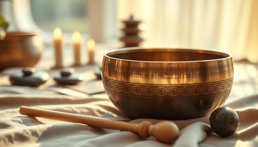 A close-up composition of a traditional Tibetan singing bowl placed on a soft, textured fabric. The foreground features the bowl, gleaming in natural light, with gentle ripples of sound visibly emanating from it, captured through a subtle motion blur effect. In the middle ground, a pair of slender, elegant mallets rests beside the bowl, hinting at the art of playing. The background features softly blurred elements of a peaceful meditation space, adorned with natural objects like stones and incense, creating a serene atmosphere. Warm, golden-hour lighting enhances the sense of tranquility, while a shallow depth of field draws focus to the bowl's intricate engravings. The overall mood is calming and harmonious, inviting viewers to explore the beauty of sound.