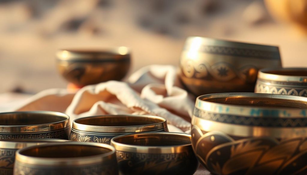 A detailed composition of Tibetan singing bowls (bols chantants) made from bronze, emphasizing the intricate metallic finish and unique textures. In the foreground, showcase several bronze bowls of varying sizes, displaying their captivating patinas and engravings. The middle ground features delicate layers of fine silk and natural fabrics, hinting at the cultural significance of these bowls in meditation. In the background, a softly blurred serene atmosphere with muted earth tones, reminiscent of a Tibetan landscape, creates a tranquil mood. Use warm, diffused lighting that gently highlights the contours and reflections on the bowls, shot with a macro lens to capture intricate details, with a shallow depth of field to evoke a peaceful, reflective ambiance.