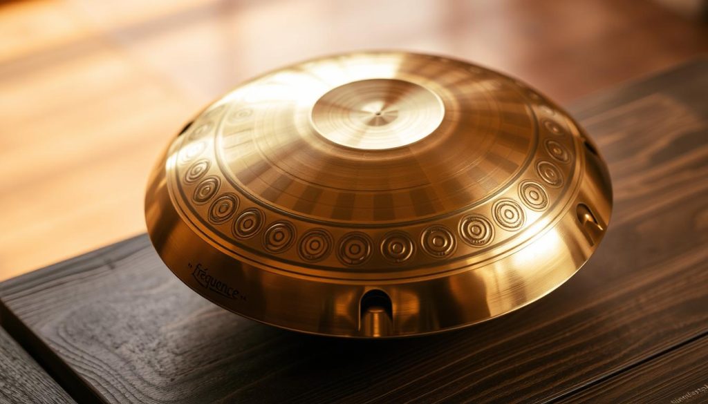 A fréquence handpan, a mesmerizing percussion instrument, resting on a wooden surface. The gleaming bronze shell reflects the warm, natural lighting, casting a soft glow. The handpan's intricate pattern of indentations and tones is captured in exquisite detail, inviting the viewer to explore its harmonious frequencies. The background is blurred, keeping the focus on the captivating shape and resonance of this unique musical tool. The image conveys a sense of tranquility and the allure of the 432Hz or 440Hz tuning options, perfectly suited to illustrate the section on handpan frequency in the article. A fréquence handpan, a mesmerizing percussion instrument, resting on a wooden surface. The gleaming bronze shell reflects the warm, natural lighting, casting a soft glow. The handpan's intricate pattern of indentations and tones is captured in exquisite detail, inviting the viewer to explore its harmonious frequencies. The background is blurred, keeping the focus on the captivating shape and resonance of this unique musical tool. The image conveys a sense of tranquility and the allure of the 432Hz or 440Hz tuning options, perfectly suited to illustrate the section on handpan frequency in the article.