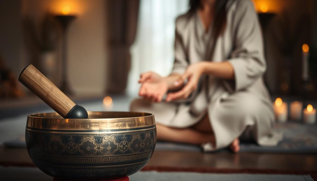 A serene Tibetan singing bowl positioned prominently in the foreground, with a smooth mallet resting gently against its edge, inviting the viewer's gaze. The bowl, crafted from bronze with intricate engravings, catches soft ambient light that highlights its reflective surface. In the middle ground, a pair of hands—clad in simple, modest clothing—demonstrate the technique of circular rubbing, with delicate motion captured in a slightly blurred effect to convey motion and grace. The background features a tranquil space, perhaps a softly lit meditation room adorned with subtle elements like candles and fabric drapes. The atmosphere is peaceful and meditative, suggesting harmony and focus, with warm, inviting lighting enhancing the somber colors of the setting, creating a sense of calm and introspection.
