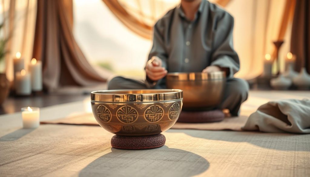 A serene and tranquil setting featuring a skilled practitioner delicately using a Tibetan singing bowl made of seven metals. In the foreground, focus on the bowl, intricately designed with traditional symbols, reflecting soft light and casting gentle shadows. The practitioner, dressed in modest, professional attire, sits cross-legged on a natural mat, creating a peaceful ambiance. In the middle ground, include soft, flowing fabric with a muted color palette and softly glowing candles, enhancing the calming atmosphere. The background showcases a subtle, blurred vision of nature, possibly gentle mountains or trees, under a warm, golden light, evoking a sense of harmony and spiritual connection. Aim for a calming, meditative mood, with soft focus and warm highlights throughout the image.