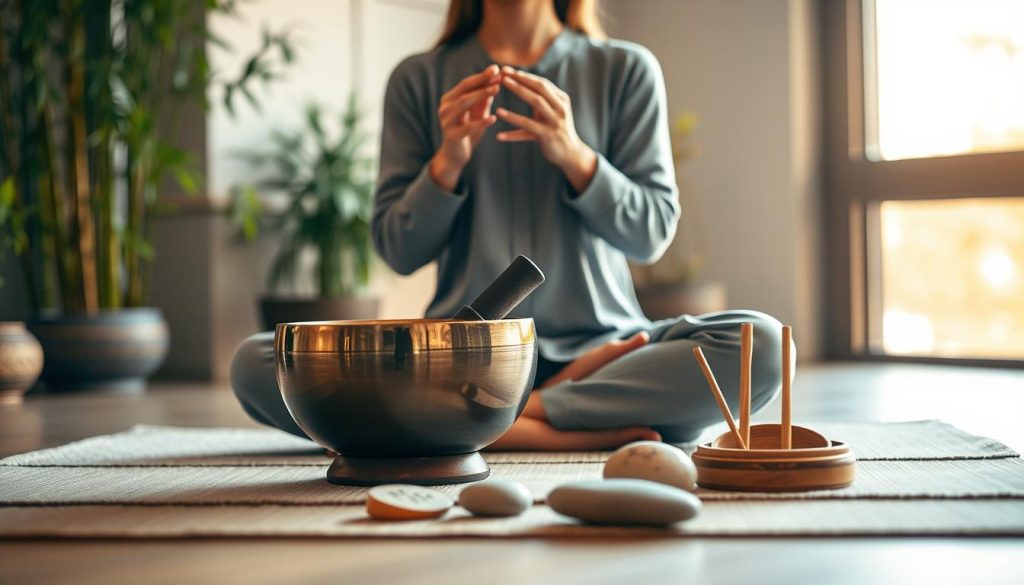 A serene environment showcasing a person gracefully preparing to sound a Tibetan singing bowl. The foreground features the individual seated cross-legged on a soft mat, dressed in comfortable yet professional attire. The person holds the bowl gently in their hands, with an air of focus and tranquility, embodying a meditative posture. In the middle ground, an elegantly designed Tibetan singing bowl rests beside them, surrounded by natural elements like smooth stones and aromatic incense, enhancing the peaceful atmosphere. The background includes softly blurred bamboo plants and warm, diffused sunlight filtering through a window, creating a calming and inviting ambiance. Capture this moment from a slightly elevated angle, emphasizing both the person and the bowl, reflecting a sense of harmony and mindfulness.