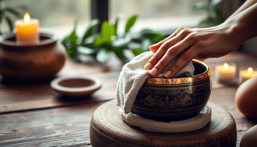 A serene environment showcasing a traditional Tibetan singing bowl being carefully maintained. In the foreground, a pair of elegantly designed hands, possibly highlighting a person of Asian descent, gently polishing the bowl with a soft cloth, reflecting light. The middle layer features the singing bowl itself, depicted with intricate engravings and vibrant colors, nestled on a textured wooden surface. Behind, a softly blurred background of natural elements, such as a simple wooden table, warm candles casting a soft glow, and lush greenery to enhance the tranquil atmosphere. The overall mood should be peaceful and contemplative, capturing the care and dedication involved in preserving the quality of the singing bowl. Soft, natural lighting with a slight focus on the bowl for a clear yet gentle effect.