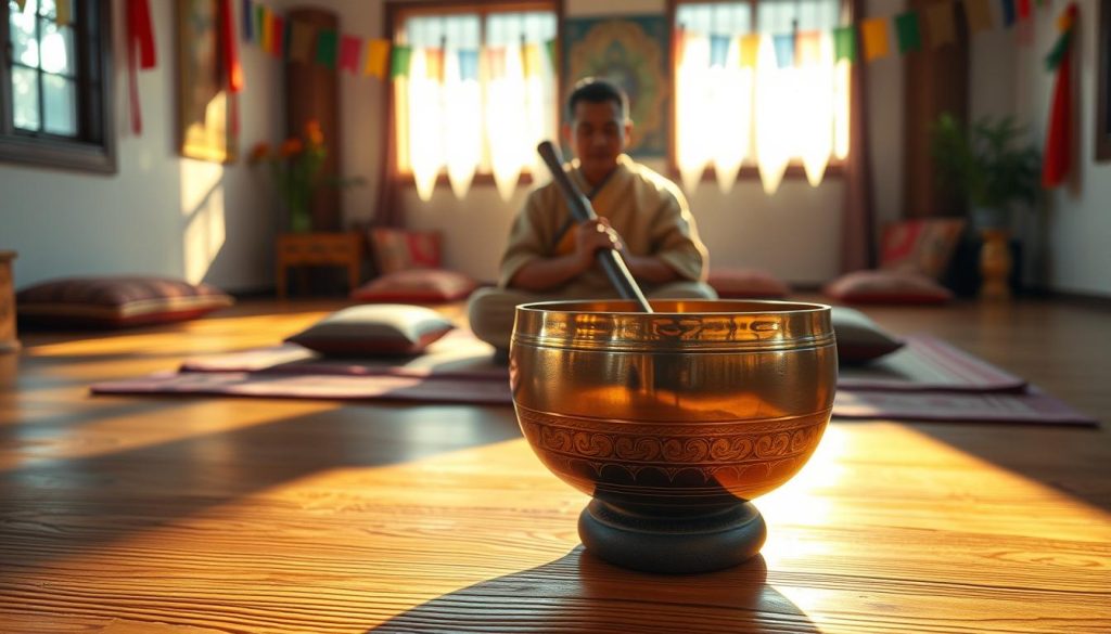 A serene meditation space featuring a beautifully crafted Tibetan singing bowl prominently displayed in the foreground. The bowl is intricately detailed, showcasing traditional Tibetan designs with a polished bronze finish glistening softly in warm, ambient light. In the middle ground, a skilled practitioner gently strikes the bowl with a mallet, focusing intently to produce a resonant sound. The background features a peaceful, softly lit room adorned with colorful prayer flags and cushions, enhancing the spiritual atmosphere. Soft shadows play across the textured wooden floor, inviting calmness and tranquility. The overall mood is one of mindfulness and harmony, perfect for conveying the mastery of sound in Tibetan chant.