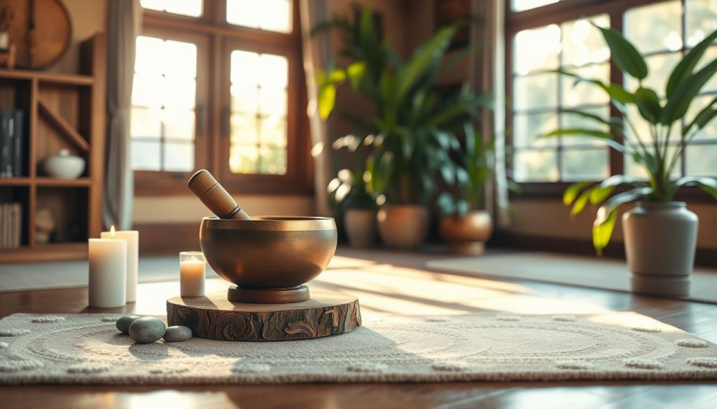 A serene relaxation space featuring a cozy, softly lit room. In the foreground, a beautifully crafted Tibetan singing bowl sits atop a rustic wooden table, surrounded by delicate candles and smooth stones. The middle ground showcases a plush meditation mat adorned with calming patterns, inviting visitors to sit peacefully. In the background, large windows allow gentle sunlight to flood the room, draping it in a warm, golden hue, while lush green plants provide a touch of nature. The atmosphere is tranquil and inviting, exuding a sense of harmony and balance, perfect for meditation and relaxation. The scene is captured with a soft focus effect to enhance the calming mood, emphasizing the peacefulness of the space.