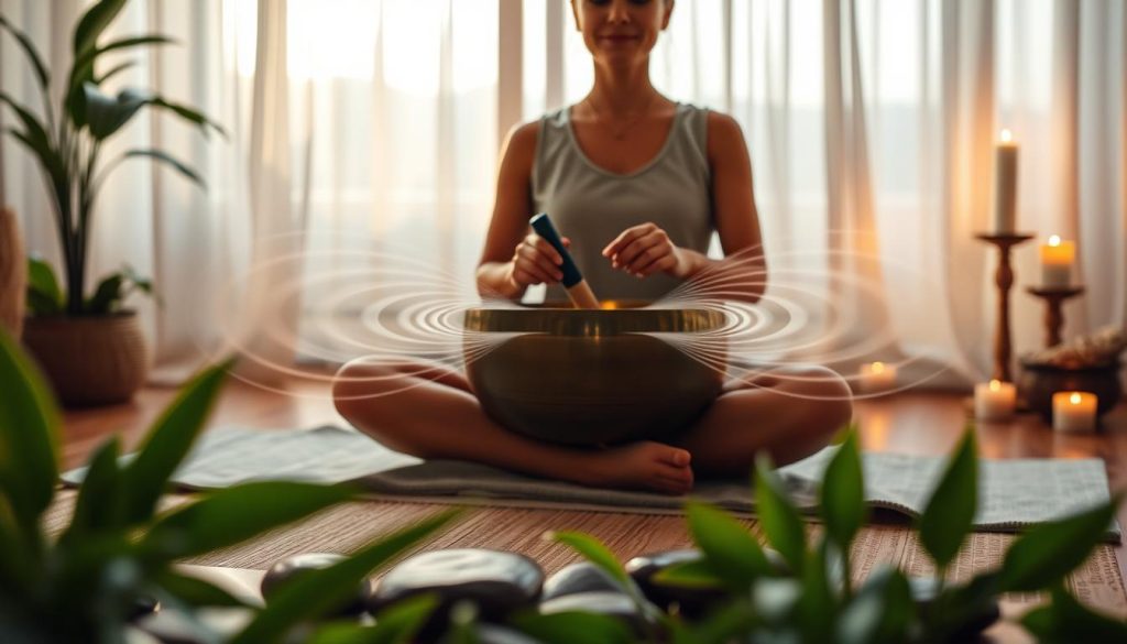 A serene setting depicting a person sitting cross-legged on a soft mat, gently playing a Tibetan singing bowl. The foreground features calming elements like smooth stones and vibrant green plants, emitting a sense of tranquility. In the middle, soft waves of sound vibrations are visually represented, radiating outward from the bowl in gentle, swirling patterns, emphasizing relaxation. The background showcases a peaceful room with warm, diffused lighting filtering through sheer curtains, creating a cozy atmosphere. A few candles are softly flickering, adding to the ambiance. The overall mood is one of harmony and stillness, inviting viewers to feel the soothing effects of sound therapy.