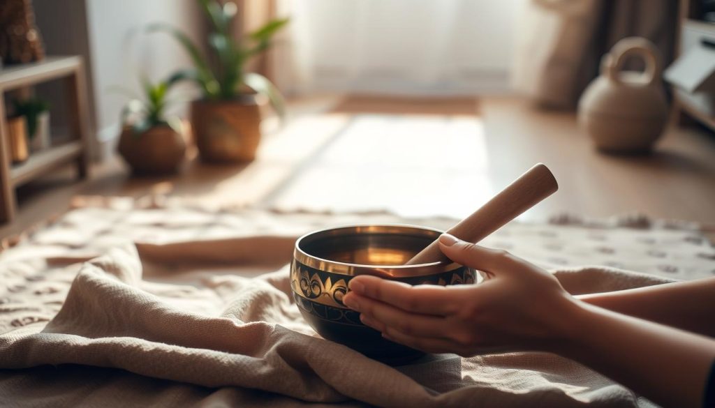 A serene setting featuring a beautifully crafted Tibetan singing bowl as the focal point, placed on a soft, textured fabric that complements its rich, metallic tones. In the foreground, delicate hands gently hold the mallet, poised ready to strike the bowl, emphasizing a mood of mindfulness and tranquility. The middle area is filled with soft lighting that casts gentle shadows, creating an intimate atmosphere. In the background, a calm, clutter-free space that hints at a meditative environment, with plants or soft spiritual decor enhancing the setting. The angle is slightly above eye level, capturing both the bowl and the hand elegantly. The overall feeling is peaceful and inviting, conveying a sense of wellness and integration into daily life.
