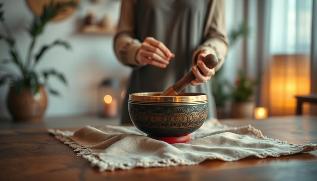 A serene setting featuring a beautifully handcrafted Tibetan singing bowl placed on a soft, natural fabric resting on a wooden table. In the foreground, focus on the intricate designs of the bowl, showcasing its age and craftsmanship. The middle ground includes a softly lit room with warm, ambient lighting to create a calming atmosphere. A pair of hands, dressed in simple yet elegant attire, gently strike the bowl with a mallet, creating ripples of sound visualized as soft waves in the air. In the background, a blurred view of a peaceful indoor space with plants and soft colors adds to the relaxation theme. The overall mood is tranquil and inviting, encouraging mindfulness and relaxation.