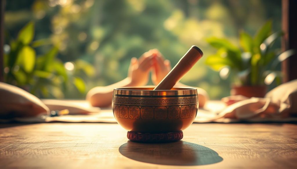 A serene setting featuring a well-crafted Tibetan singing bowl placed prominently in the foreground, reflecting intricate engravings on its surface, bathed in soft, golden sunlight. Surrounding the bowl are gentle hints of natural materials like silk cushions and wooden surfaces, evoking a sense of mindfulness. In the middle ground, a calming scene includes a pair of hands delicately holding a mallet, poised to strike the bowl, indicating a moment of meditation. In the background, blurred shades of lush greenery create a tranquil and harmonious atmosphere. The lighting should be warm and inviting, suggesting a peaceful meditation space. The overall mood is one of calm, caution, and reverence, emphasizing the thoughtful use of the singing bowl.