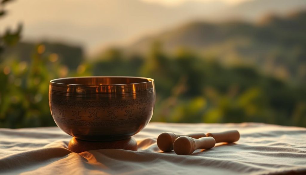 A serene setting focused on a traditional Tibetan singing bowl placed on a soft, natural fabric surface, such as a light-colored cotton or linen cloth. In the foreground, the bowl is glistening under warm, gentle ambient lighting, highlighting its intricate engravings. In the middle ground, a pair of wooden mallets rest nearby, casting subtle shadows. The background features a blurred landscape of lush greenery and soft, distant mountains, creating a peaceful atmosphere. The color palette consists of soothing earth tones, with hints of gold and deep green. The overall mood is calm and meditative, inviting viewers to imagine the deep relaxation and holistic benefits associated with Tibetan singing bowls.