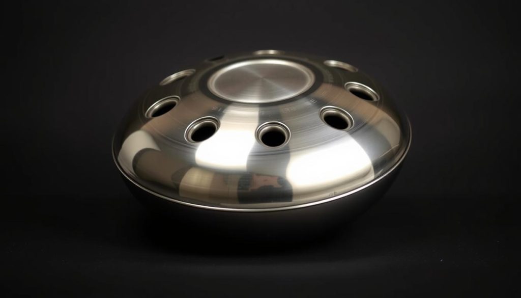 A shiny, stainless steel handpan resting on a smooth, black surface. The handpan is captured in a well-lit, studio-like environment, with soft, directional lighting highlighting its sleek, metallic curves and the intricate pattern of sound holes. The image is shot from a slightly elevated angle, providing a clear, unobstructed view of the instrument. The background is simple and uncluttered, allowing the handpan to be the focal point. The overall atmosphere is one of minimalism and attention to detail, showcasing the craftsmanship and quality of the stainless steel handpan. A shiny, stainless steel handpan resting on a smooth, black surface. The handpan is captured in a well-lit, studio-like environment, with soft, directional lighting highlighting its sleek, metallic curves and the intricate pattern of sound holes. The image is shot from a slightly elevated angle, providing a clear, unobstructed view of the instrument. The background is simple and uncluttered, allowing the handpan to be the focal point. The overall atmosphere is one of minimalism and attention to detail, showcasing the craftsmanship and quality of the stainless steel handpan.