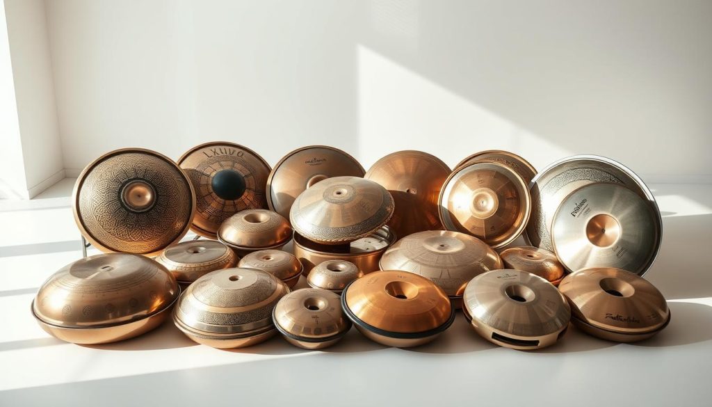 A well-lit, high-quality studio shot of an array of handpans in various tunings and sizes, arranged on a clean, minimalist surface. The handpans are presented in an organized, educational manner, with a focus on showcasing their distinct tonal ranges and unique visual features. The lighting is natural and diffused, highlighting the metallic sheen and intricate patterns of the instruments. The background is simple and uncluttered, allowing the handpans to be the central focus. An overall sense of harmony, balance, and informative presentation to help the viewer understand the different handpan gammes. A well-lit, high-quality studio shot of an array of handpans in various tunings and sizes, arranged on a clean, minimalist surface. The handpans are presented in an organized, educational manner, with a focus on showcasing their distinct tonal ranges and unique visual features. The lighting is natural and diffused, highlighting the metallic sheen and intricate patterns of the instruments. The background is simple and uncluttered, allowing the handpans to be the central focus. An overall sense of harmony, balance, and informative presentation to help the viewer understand the different handpan gammes.