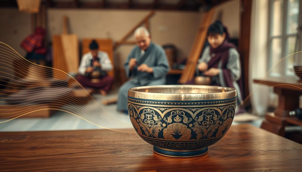 A beautifully crafted Tibetan singing bowl, intricately adorned with traditional motifs and symbols, sitting on a handcrafted wooden table. In the foreground, gentle waves of sound vibrations radiate outward from the bowl, visualized as subtle, wavy lines in soft gold and silver hues. The middle ground features a pair of skilled artisans, dressed in modest traditional attire, delicately creating and polishing bowls. Their focused expressions convey the deep respect for the craft. The background fades into a serene workshop environment, with warm, diffuse lighting highlighting the natural textures of wood and fabric. The atmosphere is peaceful and contemplative, inviting viewers to embrace the harmony and tradition embedded in the art of Tibetan bowl making.