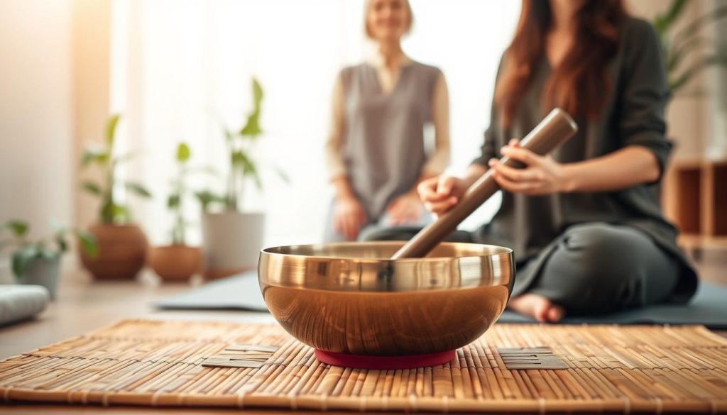 A serene and calming scene depicting a Tibetan singing bowl placed at the center of a softly lit therapy room. In the foreground, a beautifully detailed, polished metal bowl rests on a natural bamboo mat, with gentle ripples in the water it contains, reflecting soft light. In the middle ground, a therapist, dressed in modest casual attire, is gently playing the bowl with a mallet, creating harmonious sound waves. The background features peaceful indoor plants and a subtle wooden wall, exuding tranquility. The lighting is warm and inviting, creating an atmosphere of relaxation and mindfulness, with a soft-focus effect to enhance the soothing ambiance of the setting. The overall mood is peaceful, promoting wellness and healing. A serene and calming scene depicting a Tibetan singing bowl placed at the center of a softly lit therapy room. In the foreground, a beautifully detailed, polished metal bowl rests on a natural bamboo mat, with gentle ripples in the water it contains, reflecting soft light. In the middle ground, a therapist, dressed in modest casual attire, is gently playing the bowl with a mallet, creating harmonious sound waves. The background features peaceful indoor plants and a subtle wooden wall, exuding tranquility. The lighting is warm and inviting, creating an atmosphere of relaxation and mindfulness, with a soft-focus effect to enhance the soothing ambiance of the setting. The overall mood is peaceful, promoting wellness and healing.