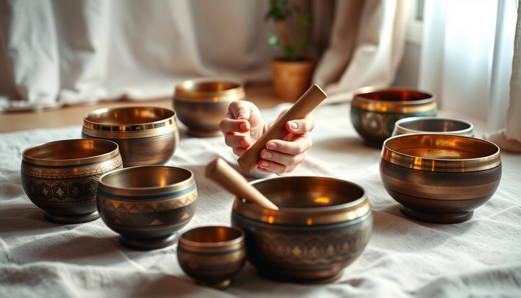 A serene and inviting scene depicting a selection of Tibetan singing bowls arranged aesthetically on a soft, natural fabric background. In the foreground, a variety of intricately designed bowls in different sizes and colors, showcasing detailed patterns and textures. The middle of the image features a pair of hands gently cradling a small bowl, with a mallet resting beside it, illustrating the delicate touch needed for their use. The background is softly blurred, hinting at a tranquil space, possibly a wellness studio, with natural light streaming in through a window, casting gentle shadows. The overall atmosphere is calming and harmonious, emphasizing mindfulness and the art of choosing the right instrument for sound healing. Ideal for conveying a sense of peace and intentionality in selecting Tibetan bowls. A serene and inviting scene depicting a selection of Tibetan singing bowls arranged aesthetically on a soft, natural fabric background. In the foreground, a variety of intricately designed bowls in different sizes and colors, showcasing detailed patterns and textures. The middle of the image features a pair of hands gently cradling a small bowl, with a mallet resting beside it, illustrating the delicate touch needed for their use. The background is softly blurred, hinting at a tranquil space, possibly a wellness studio, with natural light streaming in through a window, casting gentle shadows. The overall atmosphere is calming and harmonious, emphasizing mindfulness and the art of choosing the right instrument for sound healing. Ideal for conveying a sense of peace and intentionality in selecting Tibetan bowls.