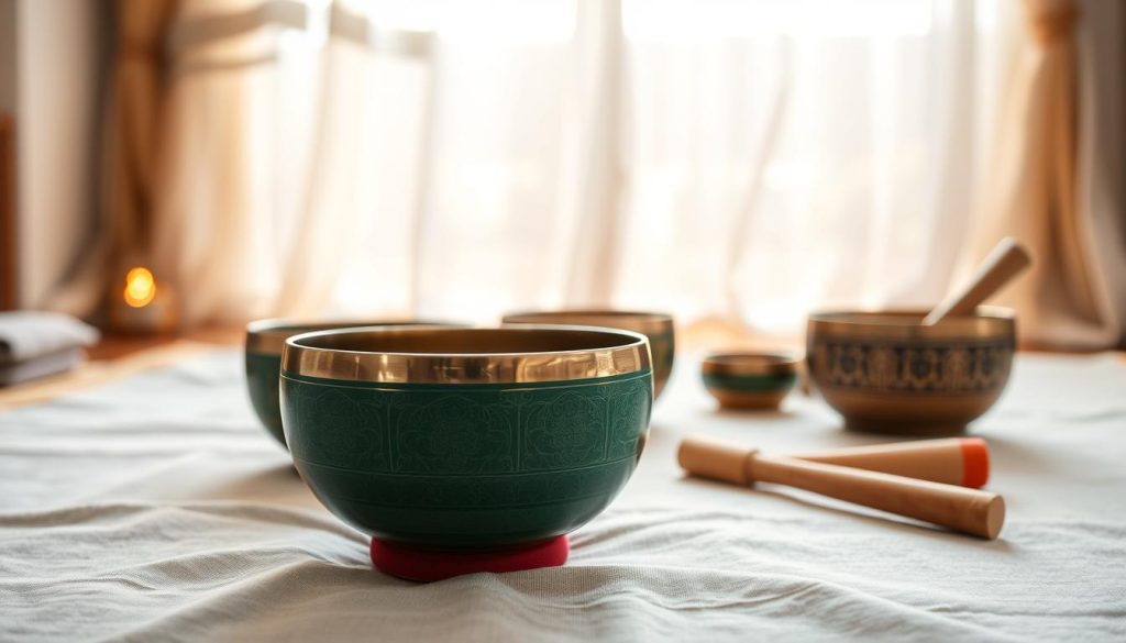 A serene and inviting scene showcasing a selection of Tibetan singing bowls, arranged carefully on a soft, natural fabric. In the foreground, focus on a beautifully crafted green Tibetan bowl, delicately detailed with intricate patterns and a polished finish, glistening gently in the light. Surround it with a few other bowls of varying sizes and colors, creating an inviting display. In the middle ground, a pair of elegant wooden mallets rests nearby, symbolizing the tools for sound healing. The background features a softly blurred view of a tranquil meditation space, with a hint of natural light filtering through sheer curtains, casting warm, calming shadows. The atmosphere is peaceful, encouraging relaxation and reflection, embodying the essence of tradition and mindfulness.