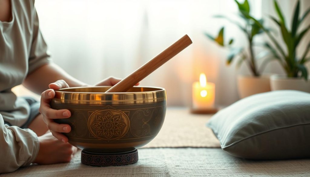 A serene and tranquil scene depicting a person gently guiding a beautiful Tibetan singing bowl in a softly lit meditation space. The foreground features the person, dressed in modest casual clothing, attentively holding the bowl in one hand while lightly rubbing the rim with a wooden mallet in the other. The middle layer showcases the exquisite details of the bowl, adorned with intricate mandala patterns, reflecting a warm golden hue as it begins to resonate. In the background, there are calming elements such as soft cushions, a gentle flickering candle, and plants that add a touch of nature. Soft, diffused lighting enhances the peaceful atmosphere, with warm tones creating an inviting ambiance, emphasizing the relaxation and traditional aspects of using singing bowls.