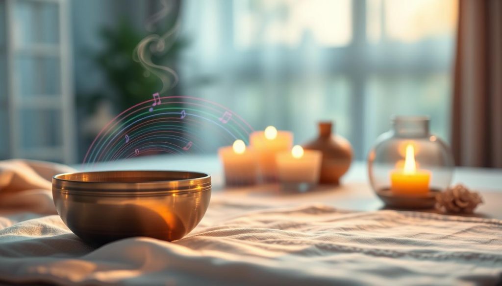 A serene and tranquil scene depicting the concept of vibrations associated with sound massage techniques. In the foreground, a beautifully crafted Tibetan singing bowl sits on a soft, textured fabric, reflecting soft, shimmering light. Delicate sound waves emanate from the bowl, represented as vibrant, colorful ripples in the air, creating a sense of movement and energy. In the middle ground, a calming ambiance is enhanced by softly glowing candles and an aromatic essential oil diffuser, adding to the soothing atmosphere. The background features a blurred, peaceful space with gentle hues of blue and green, reminiscent of nature, to evoke relaxation and mindfulness. The lighting is warm and inviting, with a soft focus lens, enhancing the overall serene mood. A serene and tranquil scene depicting the concept of vibrations associated with sound massage techniques. In the foreground, a beautifully crafted Tibetan singing bowl sits on a soft, textured fabric, reflecting soft, shimmering light. Delicate sound waves emanate from the bowl, represented as vibrant, colorful ripples in the air, creating a sense of movement and energy. In the middle ground, a calming ambiance is enhanced by softly glowing candles and an aromatic essential oil diffuser, adding to the soothing atmosphere. The background features a blurred, peaceful space with gentle hues of blue and green, reminiscent of nature, to evoke relaxation and mindfulness. The lighting is warm and inviting, with a soft focus lens, enhancing the overall serene mood.