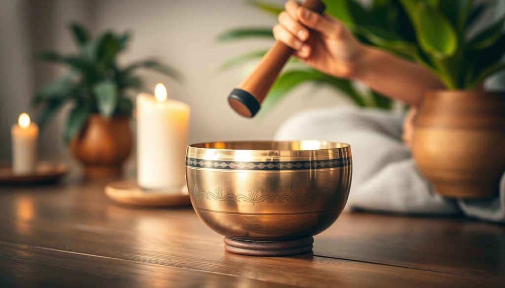 A serene and tranquil scene featuring a beautifully crafted Tibetan singing bowl placed on a wooden surface. The foreground shows the bowl gleaming under soft, warm lighting, with delicate patterns engraved on its surface. In the middle ground, a pair of gentle hands, depicted in modest casual clothing, are poised above the bowl, ready to strike it with a mallet. In the background, calming elements like a softly flickering candle and lush green plants create a peaceful atmosphere. The image captures the essence of mindfulness and relaxation, with a shallow depth of field focusing on the singing bowl while softly blurring the background. The overall mood is soothing and harmonious, inviting the viewer to integrate the practice of using singing bowls into their daily routine. A serene and tranquil scene featuring a beautifully crafted Tibetan singing bowl placed on a wooden surface. The foreground shows the bowl gleaming under soft, warm lighting, with delicate patterns engraved on its surface. In the middle ground, a pair of gentle hands, depicted in modest casual clothing, are poised above the bowl, ready to strike it with a mallet. In the background, calming elements like a softly flickering candle and lush green plants create a peaceful atmosphere. The image captures the essence of mindfulness and relaxation, with a shallow depth of field focusing on the singing bowl while softly blurring the background. The overall mood is soothing and harmonious, inviting the viewer to integrate the practice of using singing bowls into their daily routine.