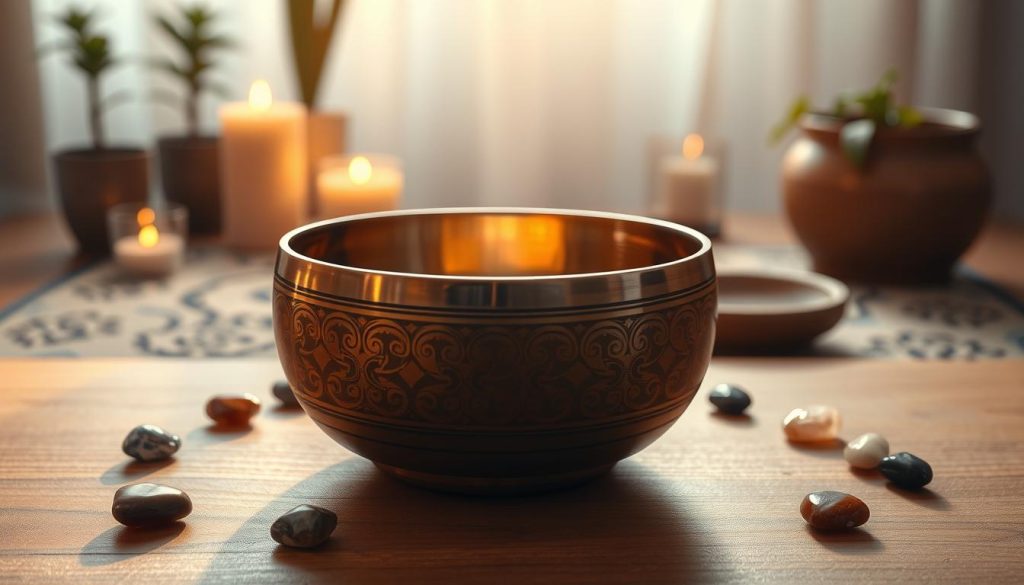 A serene and tranquil scene featuring an intricately designed Tibetan singing bowl (bol chantant) placed centrally on a smooth wooden surface. The bowl is beautifully engraved with delicate patterns, glimmering softly under warm, natural lighting that casts gentle shadows. Surrounding the bowl are small gemstones, adding a touch of color and vibrancy. In the background, a blurred meditative space with soft, earthy tones, including plants and candles, enhances the atmosphere of relaxation and mindfulness. The image composition captures a top-down angle, emphasizing the bowl's craftsmanship and the inviting ambiance. The mood is calming and centered, evoking a sense of harmony and beauty that connects with the essence of sound vibrations. A serene and tranquil scene featuring an intricately designed Tibetan singing bowl (bol chantant) placed centrally on a smooth wooden surface. The bowl is beautifully engraved with delicate patterns, glimmering softly under warm, natural lighting that casts gentle shadows. Surrounding the bowl are small gemstones, adding a touch of color and vibrancy. In the background, a blurred meditative space with soft, earthy tones, including plants and candles, enhances the atmosphere of relaxation and mindfulness. The image composition captures a top-down angle, emphasizing the bowl's craftsmanship and the inviting ambiance. The mood is calming and centered, evoking a sense of harmony and beauty that connects with the essence of sound vibrations.
