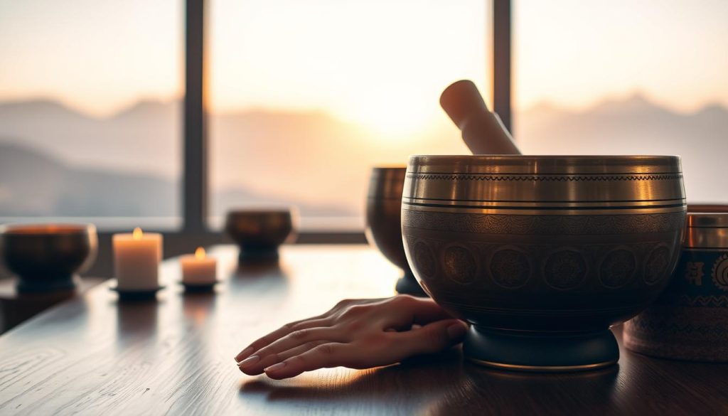 A serene, focused scene featuring intricately designed Tibetan singing bowls arranged on a polished wooden table. In the foreground, the bowls display their unique craftsmanship with beautiful patterns etched into their metallic surfaces, reflecting soft candlelight. The middle ground shows a gentle hand resting near the bowls, suggesting a calming interaction with them. In the background, faint silhouettes of mountains can be seen through a large window, illuminated by the warm glow of the setting sun. The atmosphere is tranquil, emphasizing the connection between physical characteristics of the bowls and their vibrational quality. The lighting is soft and warm, with a shallow depth of field to create a peaceful, meditative mood. A serene, focused scene featuring intricately designed Tibetan singing bowls arranged on a polished wooden table. In the foreground, the bowls display their unique craftsmanship with beautiful patterns etched into their metallic surfaces, reflecting soft candlelight. The middle ground shows a gentle hand resting near the bowls, suggesting a calming interaction with them. In the background, faint silhouettes of mountains can be seen through a large window, illuminated by the warm glow of the setting sun. The atmosphere is tranquil, emphasizing the connection between physical characteristics of the bowls and their vibrational quality. The lighting is soft and warm, with a shallow depth of field to create a peaceful, meditative mood.