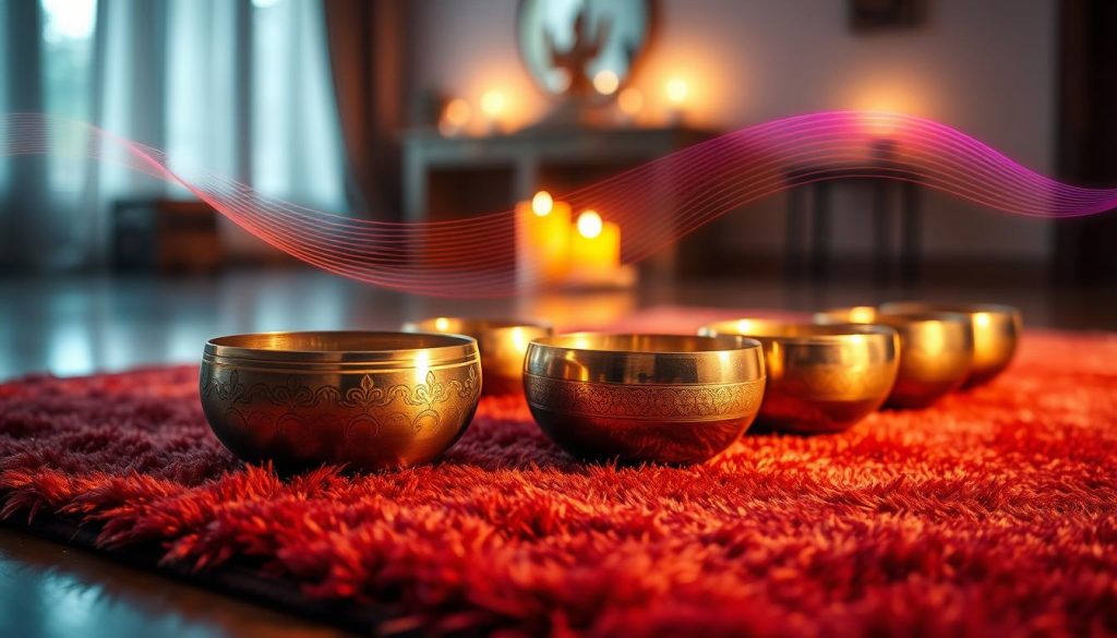 A serene indoor space featuring a set of beautifully crafted singing bowls meticulously arranged on a plush, richly colored Tibetan rug. In the foreground, the bowls gleam in soft, warm light, reflecting various shades of gold and copper, highlighting their intricate designs and textures. The middle ground showcases a gentle swirl of sound waves in harmonious colors, symbolizing the fundamental and harmonic relationships between the bowls. In the background, a softly lit, tranquil environment with subtle candles casting flickering shadows creates a meditative atmosphere. The angle should capture the depth of field, with a slightly blurred background emphasizing the delicate details of the bowls. The overall mood is calm, reflective, and spiritually enriching, inviting the viewer into the world of sound healing.