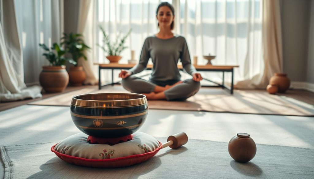 A serene meditation space prepared for Tibetan bowl practice. In the foreground, a beautifully crafted Tibetan singing bowl rests on a soft, embroidered cushion. Beside it lies a gentle mallet, inviting use. In the middle ground, a person seated comfortably in a meditative posture, dressed in modest, casual clothing, showcases the ideal posture with a straight back and hands resting on their knees. Surrounding them, a peaceful atmosphere is created with soft, natural lighting filtering through sheer curtains, casting soft shadows. In the background, an arrangement of tranquil elements like a small altar adorned with candles, incense, and plants adds to the calming ambiance. The overall mood is peaceful and reflective, capturing the essence of mindfulness and preparation for meditation.