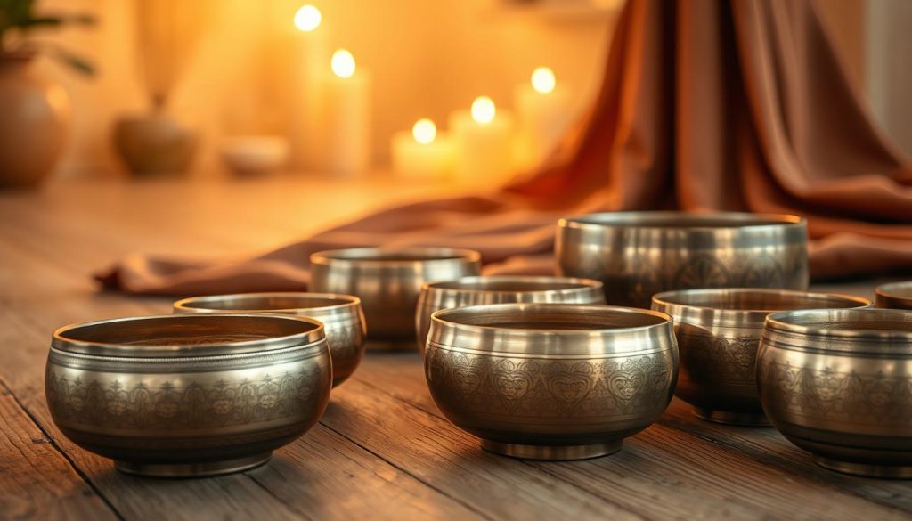 A serene scene showcasing a collection of Tibetan singing bowls, elegantly arranged on a textured wooden surface. In the foreground, the bowls, crafted from a unique alloy blend, gleam with intricate patterns and rich metallic hues, reflecting soft glimmers of light. Various sizes and shapes create an appealing visual contrast. In the middle ground, there are gentle, flowing silk cloths in deep earthy tones, enhancing the natural aesthetic. The background features a softly lit meditation space, with warm, ambient lighting that evokes tranquility, and hints of natural elements like plants or candles to set a calming atmosphere. The angle is slightly elevated, capturing both the vibrational essence and the artistic composition of the bowls, emphasizing their harmonious presence.