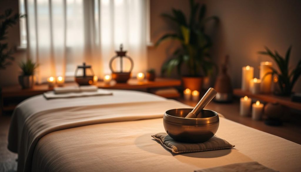 A serene setting for a Tibetan bowl massage session, focusing on the "Accueil et installation du receveur" theme. In the foreground, a comfortable massage table draped in soft, natural fabrics, with a beautifully crafted Tibetan singing bowl placed gently on a cushion by the side. The middle ground features a calming ambiance with dimmed, soft lighting, perhaps from candlelight, creating gentle shadows that evoke tranquility. In the background, subtle elements like a small indoor water fountain, plants, and incense add to the ambiance, suggesting relaxation and mindfulness. The angle should be slightly elevated, capturing the peaceful arrangement as well as the inviting atmosphere that prepares the recipient for a rejuvenating experience. The overall mood should be soothing, inviting, and harmonious, embodying a sense of calm. A serene setting for a Tibetan bowl massage session, focusing on the "Accueil et installation du receveur" theme. In the foreground, a comfortable massage table draped in soft, natural fabrics, with a beautifully crafted Tibetan singing bowl placed gently on a cushion by the side. The middle ground features a calming ambiance with dimmed, soft lighting, perhaps from candlelight, creating gentle shadows that evoke tranquility. In the background, subtle elements like a small indoor water fountain, plants, and incense add to the ambiance, suggesting relaxation and mindfulness. The angle should be slightly elevated, capturing the peaceful arrangement as well as the inviting atmosphere that prepares the recipient for a rejuvenating experience. The overall mood should be soothing, inviting, and harmonious, embodying a sense of calm.
