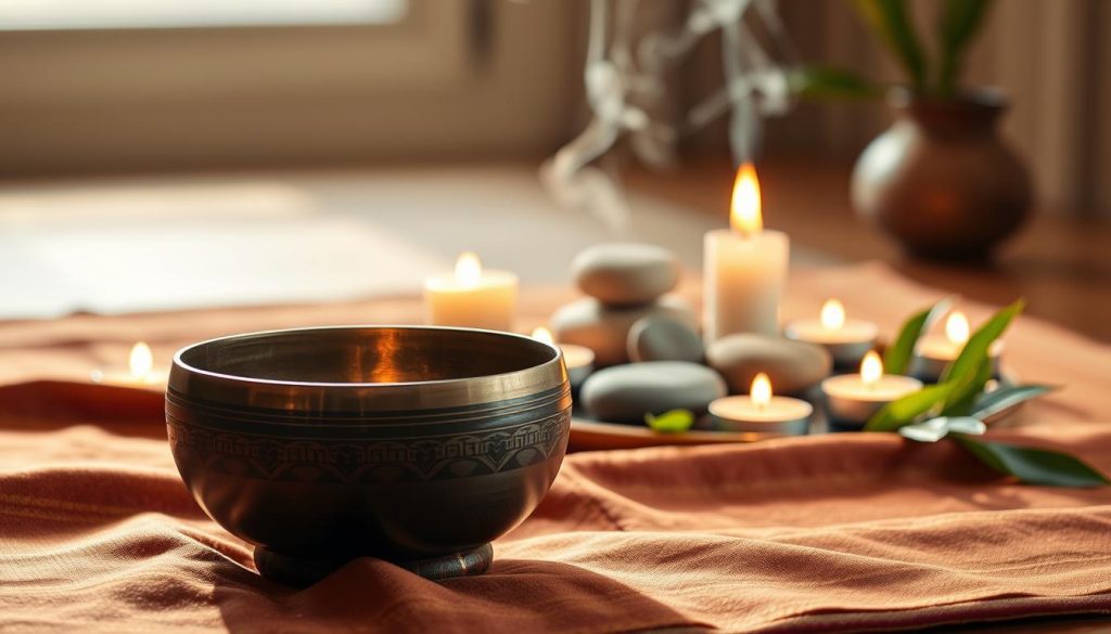 A serene setting showcasing a Tibetan singing bowl at the forefront, positioned on a rich, textured fabric, perhaps silk or wool, reflecting traditional Tibetan designs. Surrounding the bowl, softly glowing candles cast a warm, inviting light, enhancing the atmosphere of tranquility. In the middle ground, an arrangement of natural elements like smooth stones and soft green leaves evokes a sense of calm and connection to nature. The background features a softly blurred view of a peaceful meditation space, with gentle, earthy tones and subtle elements like incense smoke drifting upwards. Soft, diffused lighting creates a soothing ambiance, capturing the essence of daily rituals that promote well-being and relaxation. The composition embodies harmony and serenity, ideal for illustrating the theme of wellness.